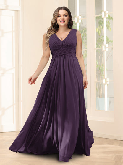 Robe de Demoiselled'Honneur Trapèze, Col en V, Sans Manches, en Mousseline, Grande Taille avec Poches