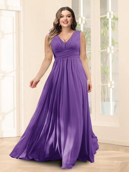 Robe de Demoiselled'Honneur Trapèze, Col en V, Sans Manches, en Mousseline, Grande Taille avec Poches
