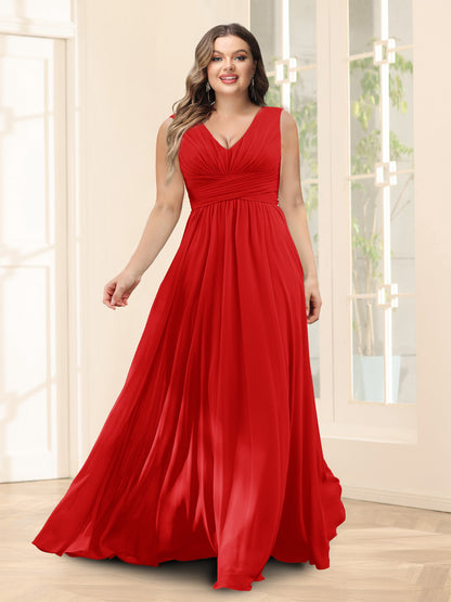 Robe de Demoiselled'Honneur Trapèze, Col en V, Sans Manches, en Mousseline, Grande Taille avec Poches