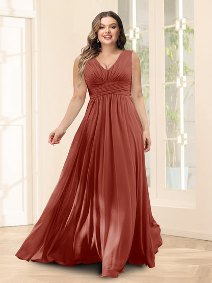 Robe de Demoiselled'Honneur Trapèze, Col en V, Sans Manches, en Mousseline, Grande Taille avec Poches