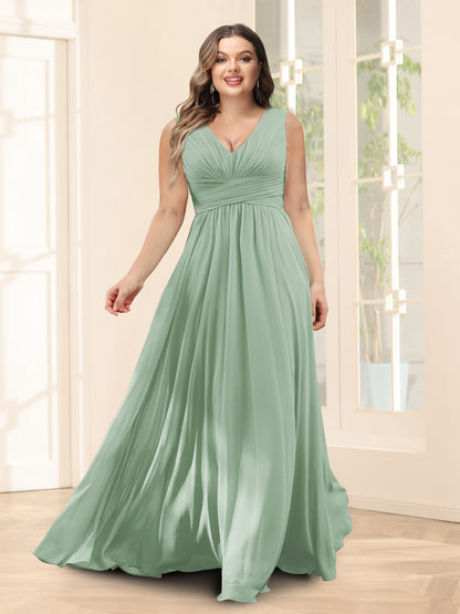 Robe de Demoiselled'Honneur Trapèze, Col en V, Sans Manches, en Mousseline, Grande Taille avec Poches
