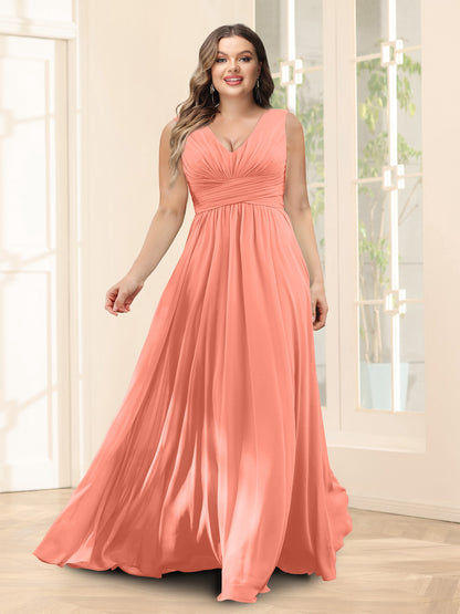Robe de Demoiselled'Honneur Trapèze, Col en V, Sans Manches, en Mousseline, Grande Taille avec Poches