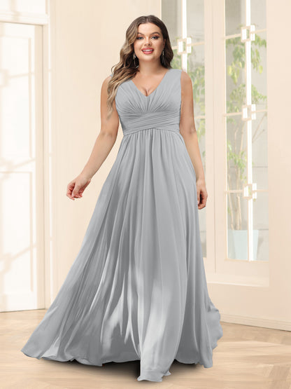 Robe de Demoiselled'Honneur Trapèze, Col en V, Sans Manches, en Mousseline, Grande Taille avec Poches