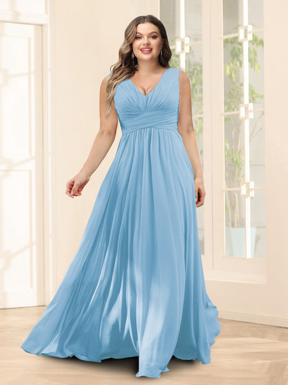 Robe de Demoiselled'Honneur Trapèze, Col en V, Sans Manches, en Mousseline, Grande Taille avec Poches