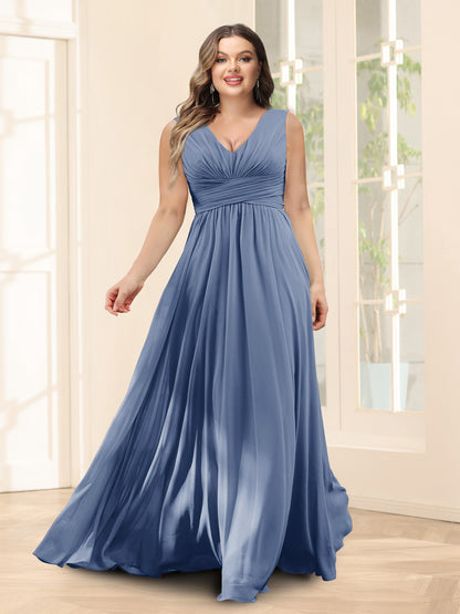 Robe de Demoiselled'Honneur Trapèze, Col en V, Sans Manches, en Mousseline, Grande Taille avec Poches