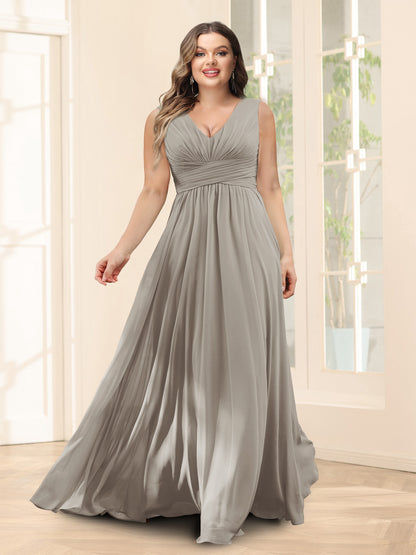 Robe de Demoiselled'Honneur Trapèze, Col en V, Sans Manches, en Mousseline, Grande Taille avec Poches