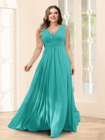 Robe de Demoiselled'Honneur Trapèze, Col en V, Sans Manches, en Mousseline, Grande Taille avec Poches