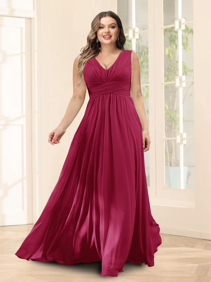 Robe de Demoiselled'Honneur Trapèze, Col en V, Sans Manches, en Mousseline, Grande Taille avec Poches