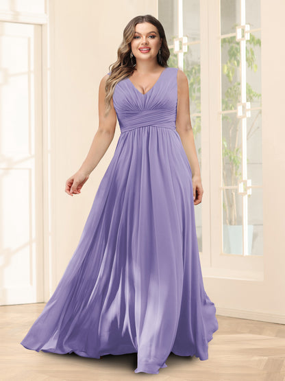 Robe de Demoiselled'Honneur Trapèze, Col en V, Sans Manches, en Mousseline, Grande Taille avec Poches