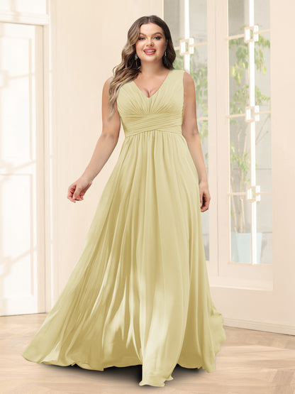 Robe de Demoiselled'Honneur Trapèze, Col en V, Sans Manches, en Mousseline, Grande Taille avec Poches