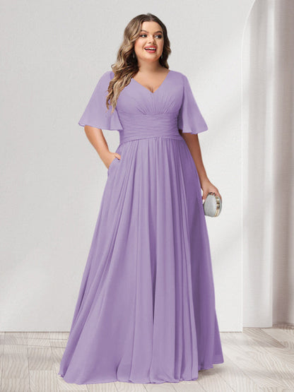 Ligne A/Princesse Col en V Demi-manches Mousseline Grande Taille Robes de Demoiselle d'Honneur avec Poches