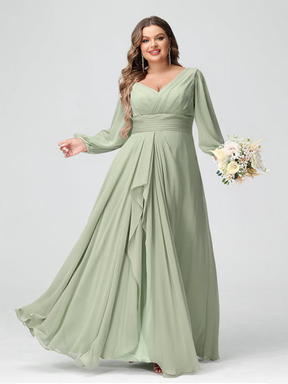 Robe de Demoiselle d'Honneur Grande Taille En Mousseline de Soie à Volants et Col En V et Manches Longues avec Poches