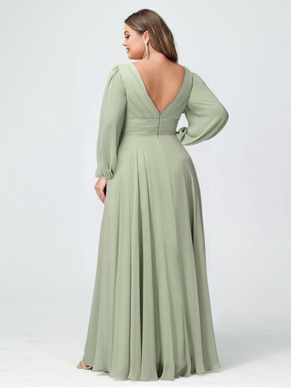 Robe de Demoiselle d'Honneur Grande Taille En Mousseline de Soie à Volants et Col En V et Manches Longues avec Poches