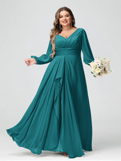 Robe de Demoiselle d'Honneur Grande Taille En Mousseline de Soie à Volants et Col En V et Manches Longues avec Poches