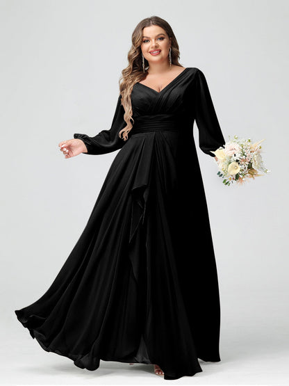 Robe de Demoiselle d'Honneur Grande Taille En Mousseline de Soie à Volants et Col En V et Manches Longues avec Poches