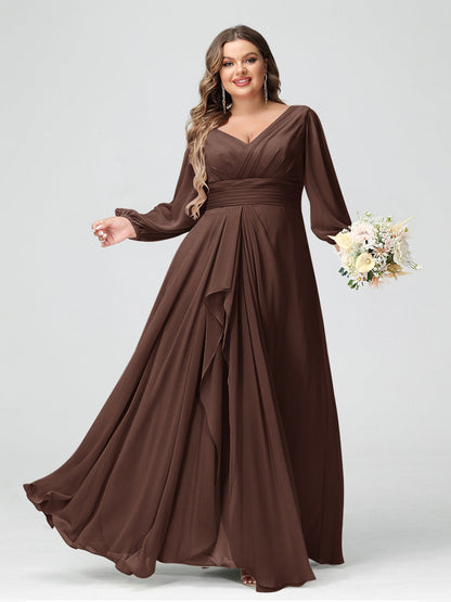 Robe de Demoiselle d'Honneur Grande Taille En Mousseline de Soie à Volants et Col En V et Manches Longues avec Poches