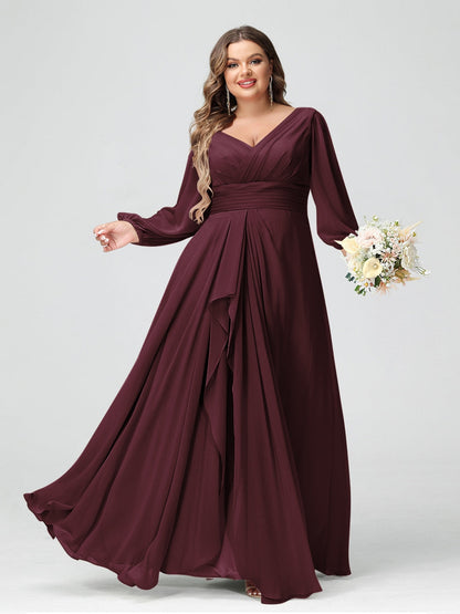 Robe de Demoiselle d'Honneur Grande Taille En Mousseline de Soie à Volants et Col En V et Manches Longues avec Poches