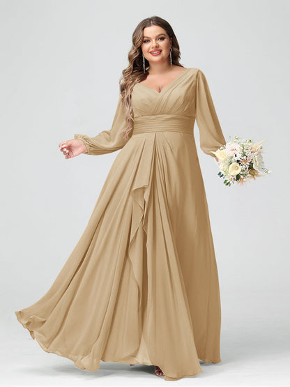 Robe de Demoiselle d'Honneur Grande Taille En Mousseline de Soie à Volants et Col En V et Manches Longues avec Poches