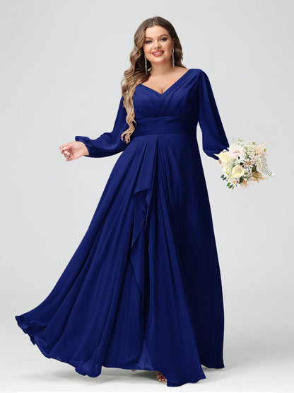 Robe de Demoiselle d'Honneur Grande Taille En Mousseline de Soie à Volants et Col En V et Manches Longues avec Poches