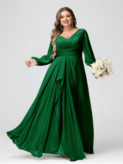 Robe de Demoiselle d'Honneur Grande Taille En Mousseline de Soie à Volants et Col En V et Manches Longues avec Poches