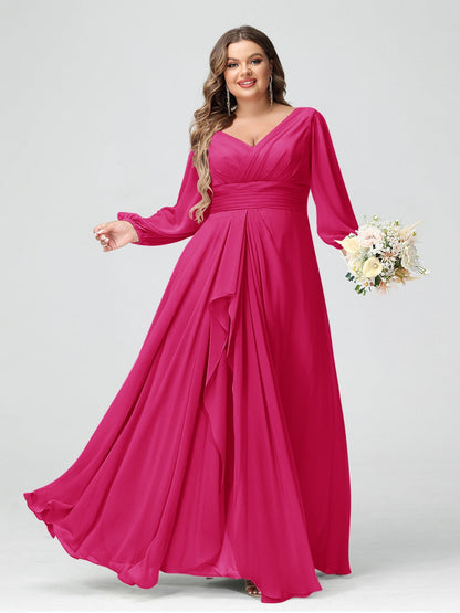 Robe de Demoiselle d'Honneur Grande Taille En Mousseline de Soie à Volants et Col En V et Manches Longues avec Poches