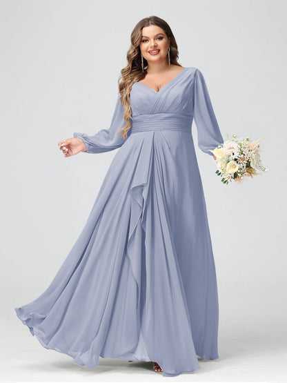 Robe de Demoiselle d'Honneur Grande Taille En Mousseline de Soie à Volants et Col En V et Manches Longues avec Poches
