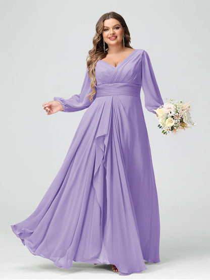 Robe de Demoiselle d'Honneur Grande Taille En Mousseline de Soie à Volants et Col En V et Manches Longues avec Poches