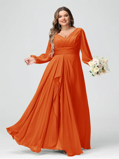 Robe de Demoiselle d'Honneur Grande Taille En Mousseline de Soie à Volants et Col En V et Manches Longues avec Poches