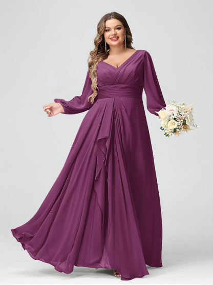 Robe de Demoiselle d'Honneur Grande Taille En Mousseline de Soie à Volants et Col En V et Manches Longues avec Poches