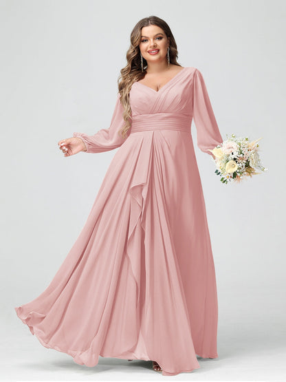 Robe de Demoiselle d'Honneur Grande Taille En Mousseline de Soie à Volants et Col En V et Manches Longues avec Poches