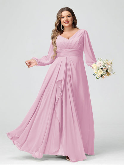 Robe de Demoiselle d'Honneur Grande Taille En Mousseline de Soie à Volants et Col En V et Manches Longues avec Poches