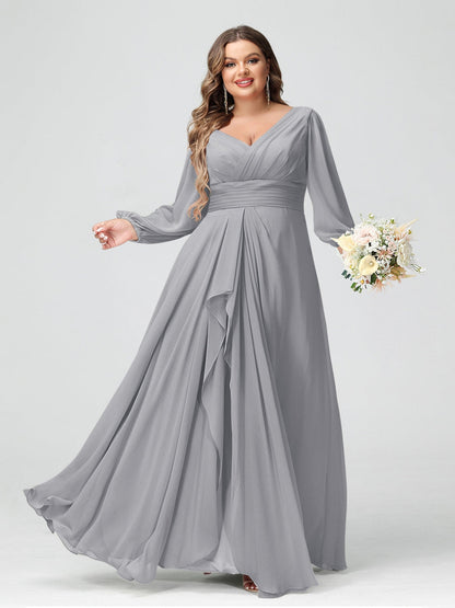 Robe de Demoiselle d'Honneur Grande Taille En Mousseline de Soie à Volants et Col En V et Manches Longues avec Poches