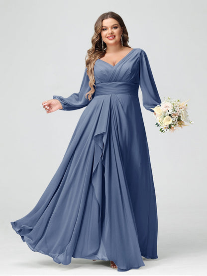 Robe de Demoiselle d'Honneur Grande Taille En Mousseline de Soie à Volants et Col En V et Manches Longues avec Poches