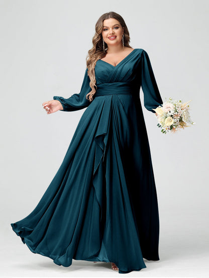 Robe de Demoiselle d'Honneur Grande Taille En Mousseline de Soie à Volants et Col En V et Manches Longues avec Poches
