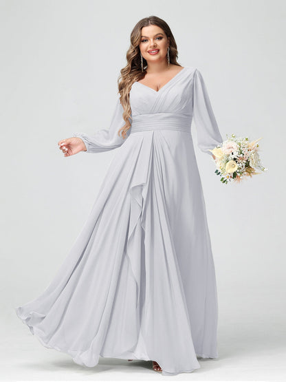 Robe de Demoiselle d'Honneur Grande Taille En Mousseline de Soie à Volants et Col En V et Manches Longues avec Poches