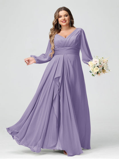 Robe de Demoiselle d'Honneur Grande Taille En Mousseline de Soie à Volants et Col En V et Manches Longues avec Poches