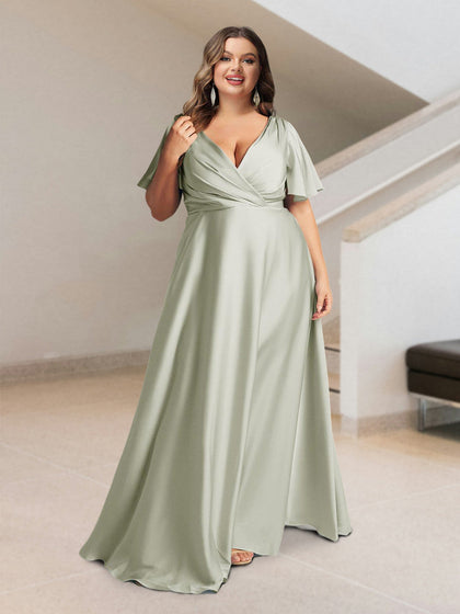 Ligne A/Princesse Col en V Manches Courtes Satin de Soie Grande Taille Robes de Demoiselle d'Honneur avec Poches