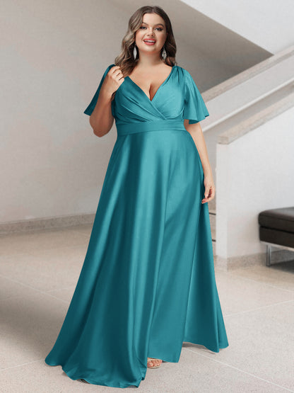 Ligne A/Princesse Col en V Manches Courtes Satin de Soie Grande Taille Robes de Demoiselle d'Honneur avec Poches
