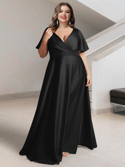 Ligne A/Princesse Col en V Manches Courtes Satin de Soie Grande Taille Robes de Demoiselle d'Honneur avec Poches
