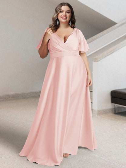Ligne A/Princesse Col en V Manches Courtes Satin de Soie Grande Taille Robes de Demoiselle d'Honneur avec Poches