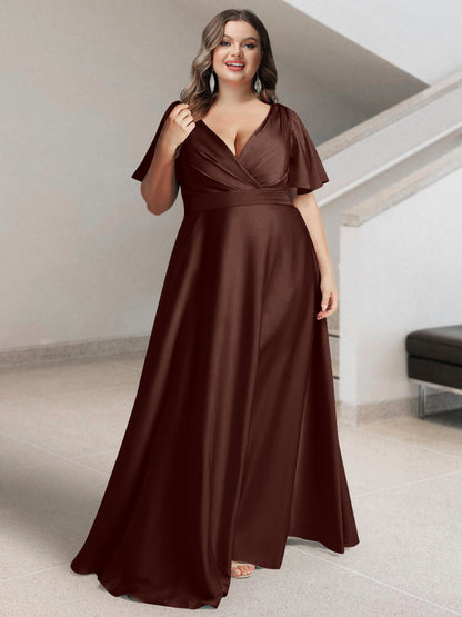 Ligne A/Princesse Col en V Manches Courtes Satin de Soie Grande Taille Robes de Demoiselle d'Honneur avec Poches