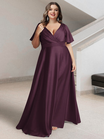Ligne A/Princesse Col en V Manches Courtes Satin de Soie Grande Taille Robes de Demoiselle d'Honneur avec Poches