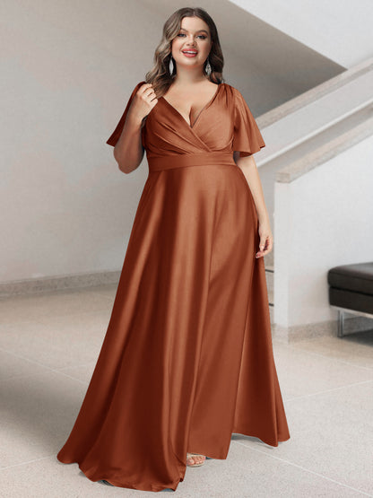 Ligne A/Princesse Col en V Manches Courtes Satin de Soie Grande Taille Robes de Demoiselle d'Honneur avec Poches
