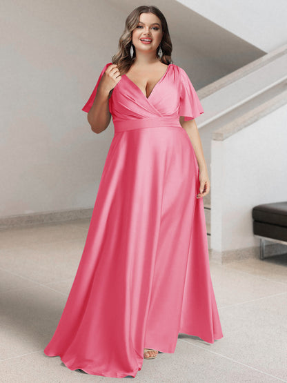Ligne A/Princesse Col en V Manches Courtes Satin de Soie Grande Taille Robes de Demoiselle d'Honneur avec Poches