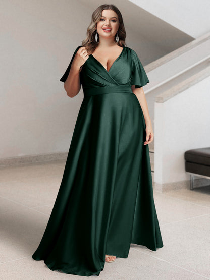 Ligne A/Princesse Col en V Manches Courtes Satin de Soie Grande Taille Robes de Demoiselle d'Honneur avec Poches