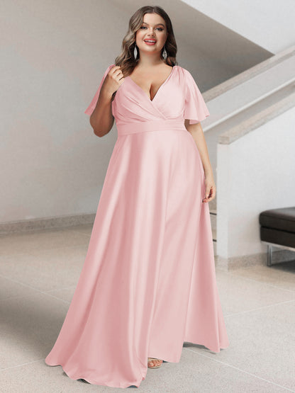 Ligne A/Princesse Col en V Manches Courtes Satin de Soie Grande Taille Robes de Demoiselle d'Honneur avec Poches