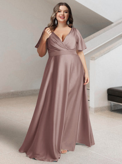 Ligne A/Princesse Col en V Manches Courtes Satin de Soie Grande Taille Robes de Demoiselle d'Honneur avec Poches