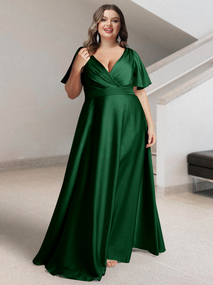 Ligne A/Princesse Col en V Manches Courtes Satin de Soie Grande Taille Robes de Demoiselle d'Honneur avec Poches
