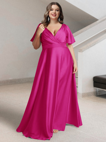 Ligne A/Princesse Col en V Manches Courtes Satin de Soie Grande Taille Robes de Demoiselle d'Honneur avec Poches