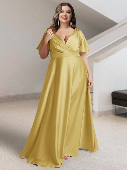 Ligne A/Princesse Col en V Manches Courtes Satin de Soie Grande Taille Robes de Demoiselle d'Honneur avec Poches